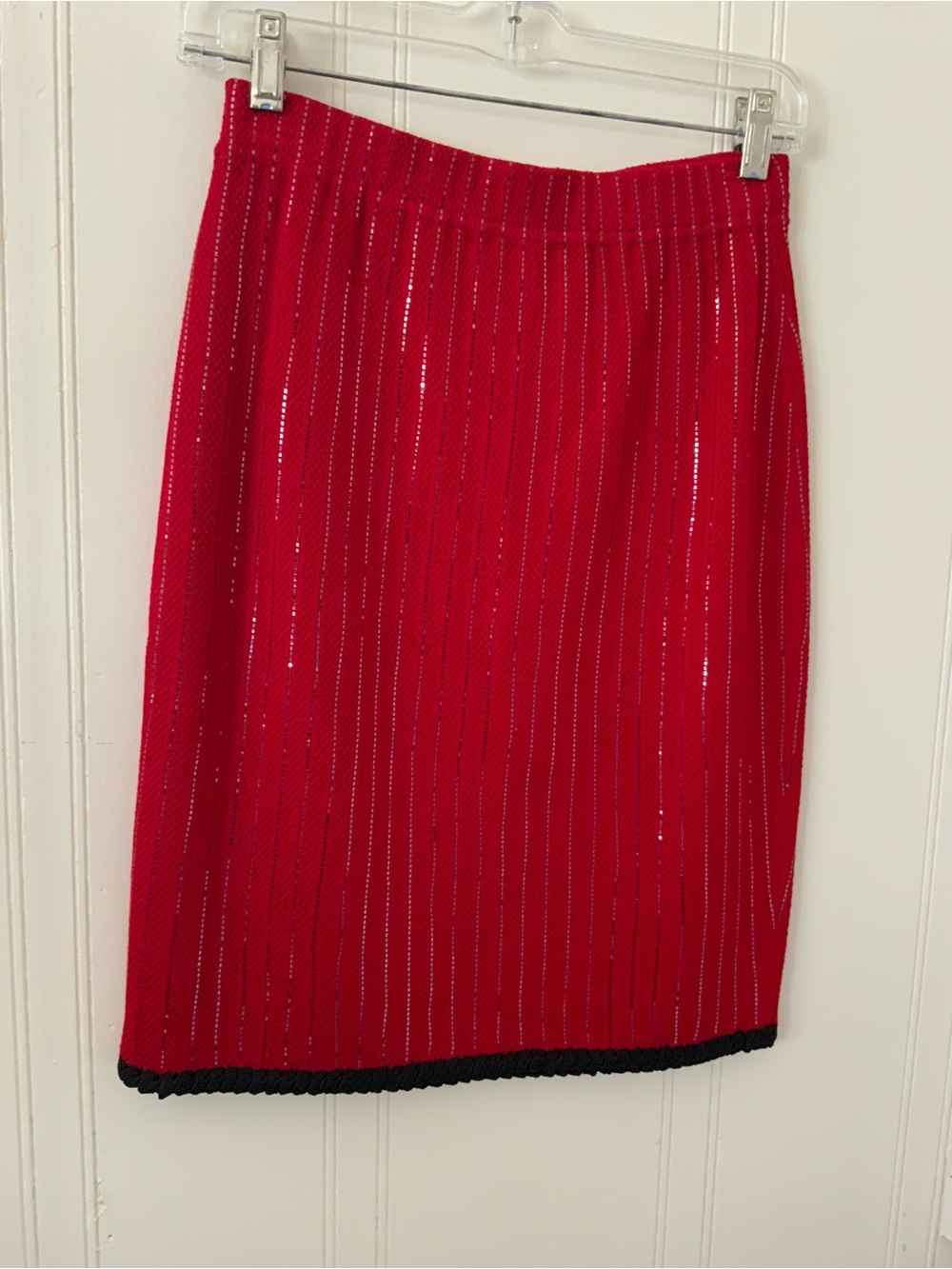 Red Sequin-Striped Pencil Skirt with Black Hem